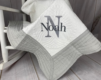 Neutral Baby Quilt Personalized Boy Baby Quilt l Embroidered Baby Quilt l Infant Quilt l Heirloom Blanket l Gray Quilt l FREE SHIPPING