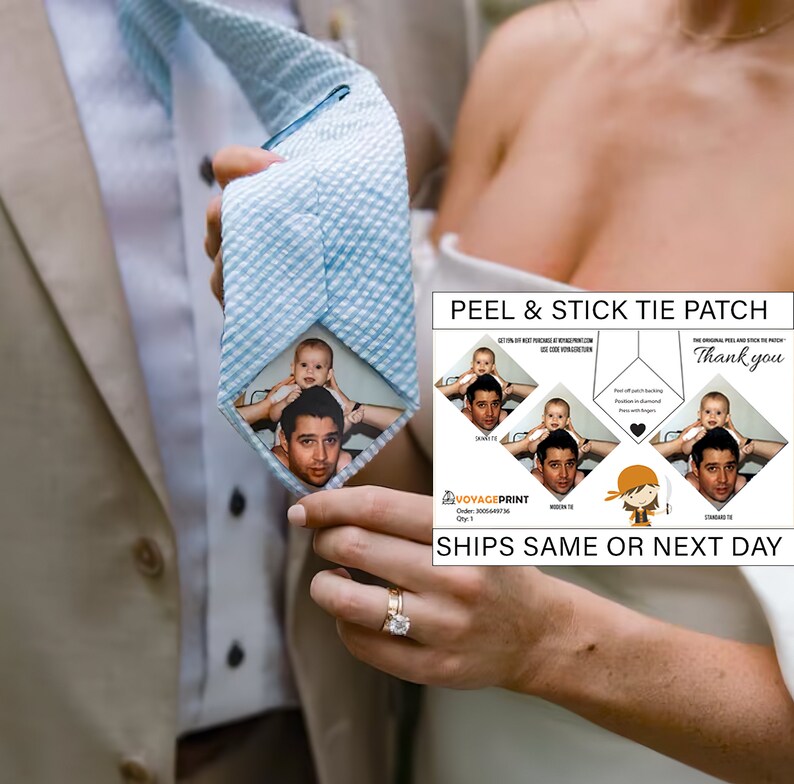 Peel and Stick Tie Patch TM Custom Photo patches for Wedding, father of the bride, father's day, dad, Father of groom, Tie Photo image 1