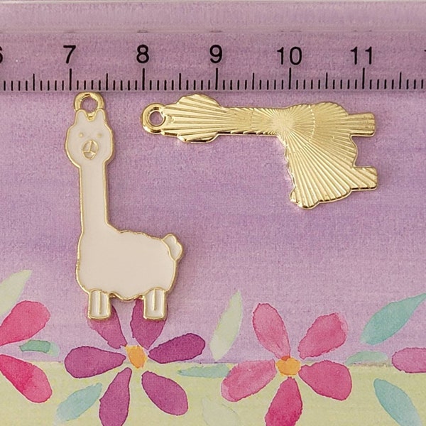 Llama charm, metal, gold coloured, enamel, pet lover, farm friends, alpaca, white llama, pendant, earrings, crafts