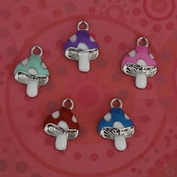 Toadstool charm, silver coloured metal alloy, enamel, mushroom, spots, pink, purple, red, blue, teale, pendant, earrings, keyrings, crafts