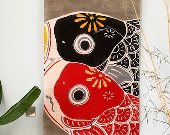 Japanese Linen Noren Curtain – Handwoven Fish Design, Red & Black