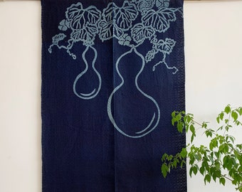 Indigo Blue Noren Curtain - Japanese Jacquard Linen - Gourd Vine Pattern - 35"W x 59"H