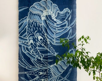Japanese Style Noren Curtain - Natural Ramie Linen - Natural Dye- Indigo Blue - Maga Lobster Pattern  - 59"H x 35"W