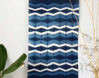 Handwoven Linen Noren Curtain – Indigo Shibori Doorway Divider - 35"W x 60"H