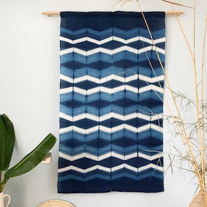 Japanese Linen Noren Curtain - Handwoven Natural Linen Ramie - Indigo - Blue and White - Japanese Shibori - 60&quot;H x 35&quot;W