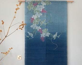 Japanese Style Noren Curtain - Natural Ramie Linen - Natural Dye - Indigo Blue - Grape Vine Pattern - 59"H x 35"W