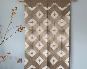 Handwoven Linen Noren Curtain - Ash Brown Diamond Shibori - 36"W x 61"H