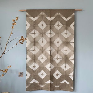 Japanese Linen Noren Curtain - Handwoven Natural Linen Ramie - Ash Brown Color - Diamond Shibori - 61&quot;H x 36&quot;W