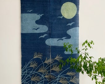 Japanese Style Noren Curtain - Natural Ramie Linen - Natural Dye - Moon Cloud Reed Pattern - Indigo Blue - 59"H x 35"W