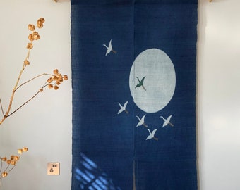 Japanese Linen Noren Curtain - Handwoven Natural Linen Ramie - Indigo Blue - A Flight of Geese and Full Moon Design - 59"H x 35"W