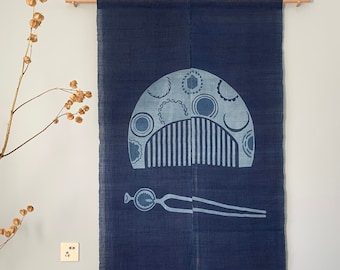 Indigo Blue Linen Noren Curtain: Japanese Doorway Divider, Traditional Pattern - 59"H x 35"W