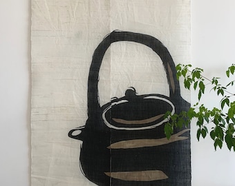 Handwoven Ramie Linen Noren Curtain – Tea Pot Pattern, Beige (35"W x 59"H)