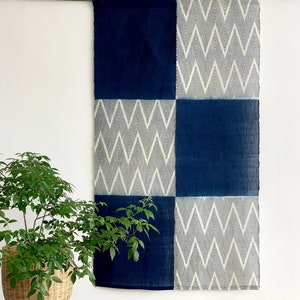 Japanese Style Noren Curtain - Natural Handwoven Ramie - Natural Dyed - Grey and Indigo - Blocks of Sheer & Water Wave Pattern - 59&quot;H x 33&quot;W