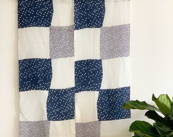 Japanese Linen Noren - Natural Indigo - Pojagi Curtain - Blue & White - 35"W x 59"H