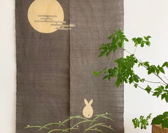 Japanese Style Noren Curtain - Natural Handwoven Ramie - Natural Dyed Grey Brown - Moon and Rabit - 59"H x 35"W