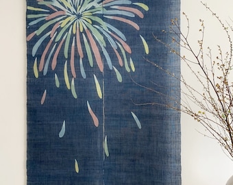 Indigo Blue Noren Curtain - Handwoven Ramie - Firework Pattern - 35"W x 58"H