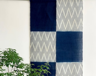 Handwoven Ramie Noren Curtain: Indigo & Grey Water Wave Design - 59"H x 33"W