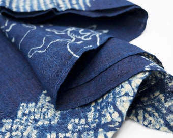 Japanese Linen Noren Curtain - Handwoven Natural Linen Ramie - Natural Dye Indigo - Rabbit & Moon Motif - Tapestry Panel - 47"H x 35"W