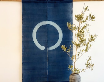 Japanese Ramie Linen Noren Curtain - Handwoven - Natural Dyed Indigo - Brush Circle Pattern - 60"H x 33"W