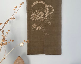 Japanese Style Noren Curtain - Natural Handwoven Linen - Natural Dyed Brown - Beige Flowers Pattern - 59"H x 34"W