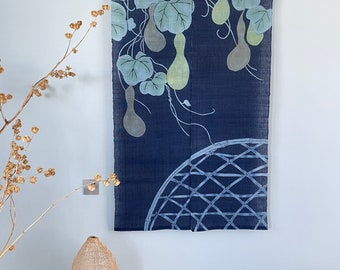 Japanese Style Noren Curtain - Natural Handwoven Ramie - Natural Dyed - Indigo Blue - Gourd Vine Pattern - 59"H x 35"W