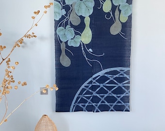 Indigo Blue Noren Curtain: Handwoven Ramie Gourd Vine Tapestry - 59"H x 35"W