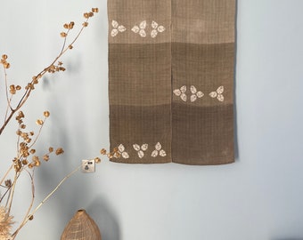 Japanese Style Noren Curtain - Natural Handwoven Ramie - Natural Dyed Light Brown - Deer Footprints Pattern - 49"H x 33"W