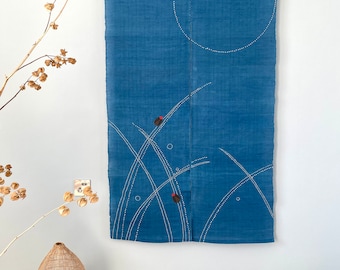Japanese Style Noren Curtain - Natural Handwoven Remie Linen - Natural Dye - Indigo Blue - Hand Embroidered Beetle Pattern- 60"H x 35"W