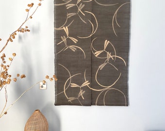 Japanese Style Noren Curtain - Natural Linen - Natural Dyed Brown - Dragonfly Pattern - 58"H x 35"W