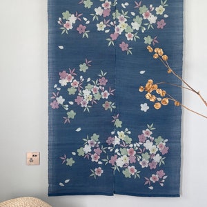 Japanese Style Noren Curtain - Natural Handwoven Ramie - Natural Dyed Indigo Blue - Cluster of Flowers Pattern - 59&quot;H x 36&quot;W