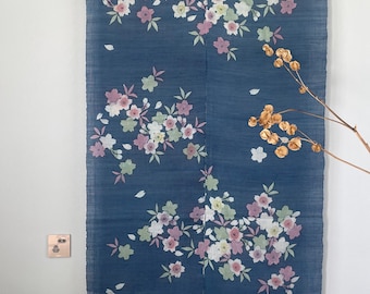 Indigo Blue Noren Curtain - Handwoven Ramie Floral Japanese Style - 36"W x 59"H