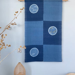Japanese Style Noren Curtain - Natural Handwoven Ramie - Natural Dyed - Indigo Blue -  Blocks & Circles Pattern - 59&quot;H x 35&quot;W