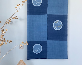 Japanese Style Noren Curtain - Natural Handwoven Ramie - Natural Dyed - Indigo Blue -  Blocks & Circles Pattern - 59"H x 35"W