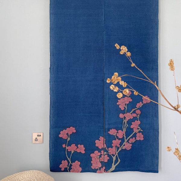 Japanese Linen Noren Curtain - Natural Fine Linen - Indigo Blue - Red Kapok Pattern - 59"H x 36"W