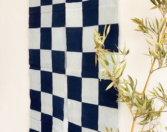 Japanese Ramie Linen Noren Curtain - Natural Indigo + Beige White - Pojagi/Checkers Pattern - 59"H x 35"W
