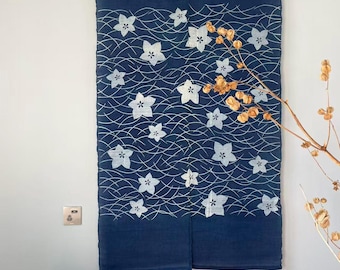 Japanese Indigo Noren Curtain – Handwoven Linen Ramie - Reeds & Flowers - 35"W x 59"H
