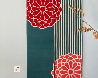 Green Color Noren Curtain:  Japanese Style Cotton Linen Doorway Partition - Red Flower & Beige Stripes Design - 59"H x 32"W