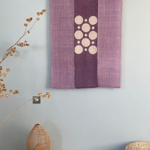 Japanese Style Noren Curtain - 3 Panels - Handwoven Natural Linen Ramie - Natural Dyed Purple - Polka Dot - 43&quot;H x 33&quot;W