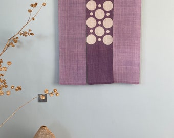 Japanese Style Noren Curtain - 3 Panels - Handwoven Natural Linen Ramie - Natural Dyed Purple - Polka Dot - 43"H x 33"W