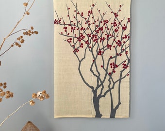 Handwoven Linen Noren Curtain – Branch & Red Fruit Print, Natural Dye (59"H x 34"W)