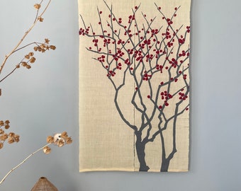 Japanese Linen Noren Curtain - Handwoven Natural Linen Ramie - Natural Dyed - Beige - Branch & Red Fruit - 59"H x 34"W