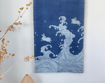 Japanese Style Noren Curtain - Natural Handwoven Ramie - Natural Dyed Indigo Blue - Bunnies and Japanese style waves - 59"H x 35"W