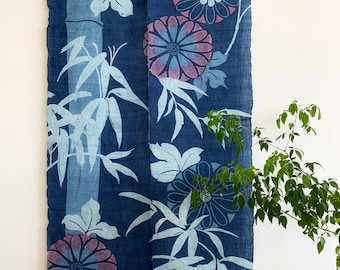 Indigo Blue Noren Curtain – Hand Woven Ramie Linen, Bamboo Flower Print