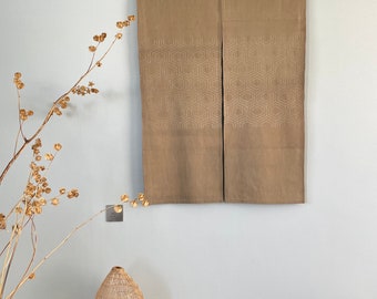 Japanese Style Noren Curtain - Fine Cotton Linen - Natural Dyed Light Brown - Embroidered Pattern - 47"H x 34"W