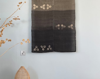 Japanese Style Noren Curtain - Natural Handwoven Ramie - Natural Dyed Deep & Light Brown - Deer Footprints Pattern - 49"H x 34"W