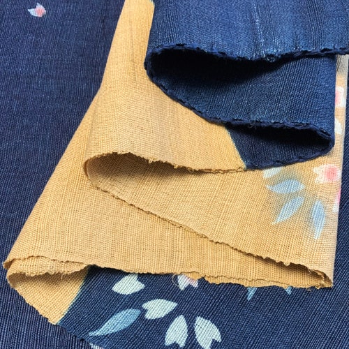 Japanese Style Noren Curtain - Natural Handwoven Linen - Natural Dyed Indigo - Golden Moon & Cherry Blossom Pattern - 59