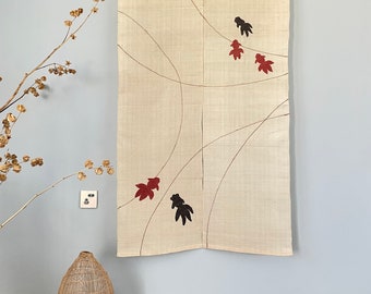 Japanese Linen Noren Curtain - Handwoven Natural Linen Ramie - Embroidery - Beige Color - Goldfish Motif - 59"H x 35"W