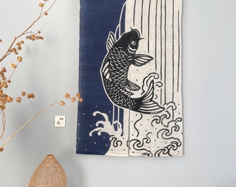 Japanese Linen Noren Curtain - Handwoven Natural Linen Ramie - Deep Blue and White - Japanese Ukiyo Wave and Fish - 59"H x 33"W