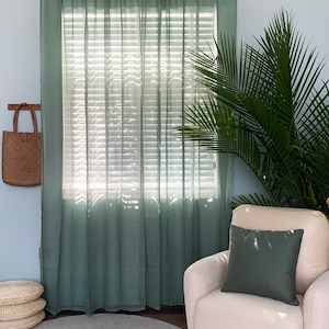 100% Natural Flax Linen Sheer Voile Curtains - Olive Green - 37&quot; (94cm) Width - 106&quot; (270cm) Length