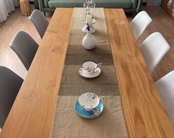 Table Runner - Handwoven Natural Linen - Gradations of Brown Stripes - 14"W x 79"L